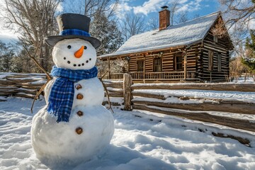 Cheerful snowman in winter scene near rustic cabin