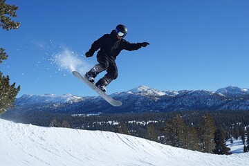 Snowboarder performing jump against mountainous backdrop