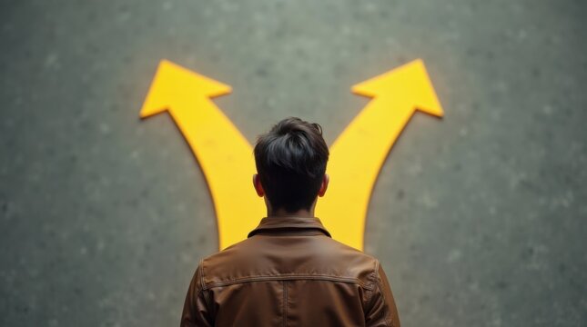 Vista posterior de un hombre parado en una encrucijada, con flechas direccionales de color amarillo brillante al frente, que simbolizan opciones, sobre un fondo gris