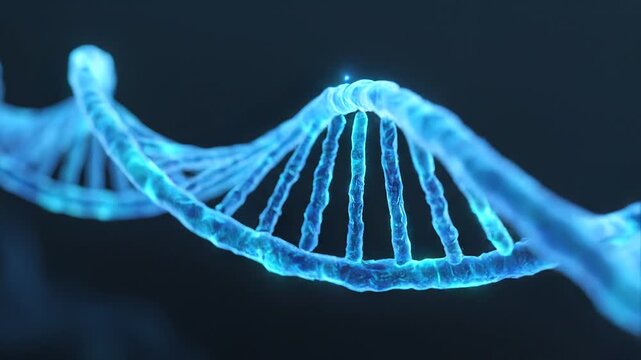 Premium 4K UHD animation of a glowing DNA double helix rotating slowly, featuring futuristic medical science visualization, blue and cyan lighting, cinematic depth of field, and a clean dark backgroun