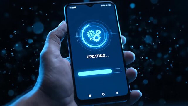 Close up of a hand holding a smartphone displaying a futuristic update screen with progress bar and animated gears.