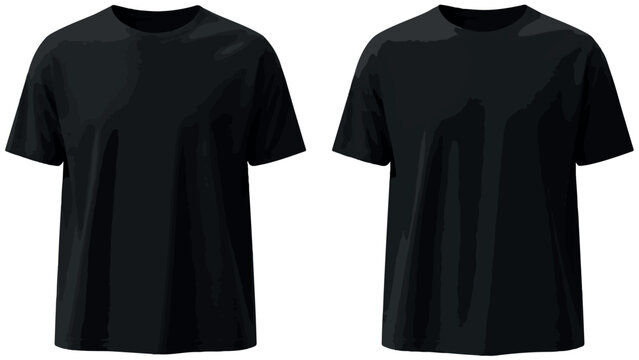 Two black short-sleeved t-shirts on a white background, product display with creased fabric.