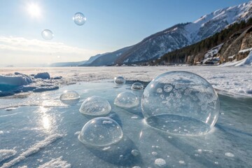 Crystal clear ice bubbles formed on a frozen lake surface with distant snowy mountains and blue sky