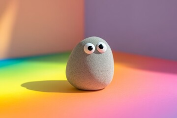 Cute googly-eyed pebble on colorful gradient background