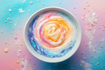 Colorful galaxy-inspired yogurt bowl with sprinkles and swirls