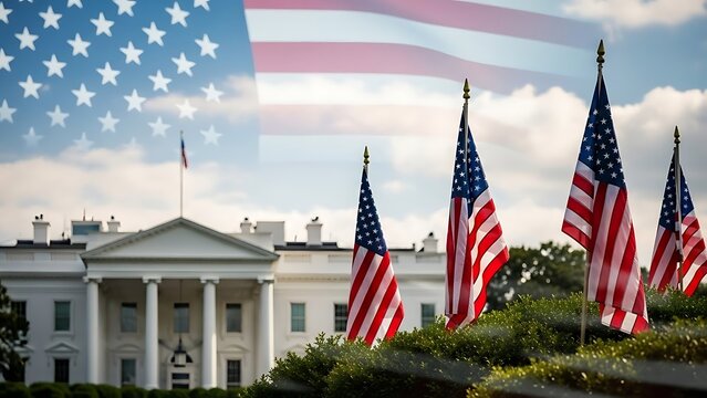 The white house with american flags on a cloudy day in washington d c