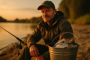 Smiling fisherman on riverbank at sunset with fishing rod and bucket of fresh catch, outdoor lifestyle.