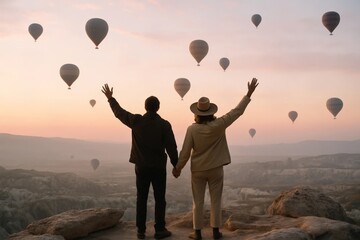 Couple holding hands on a cliff at sunrise watching hot air balloons, romantic travel adventure and freedom.