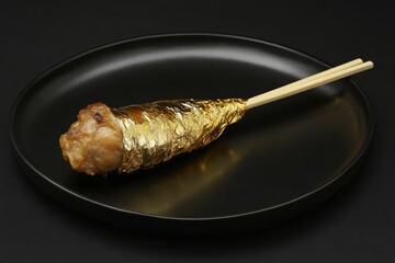 Gourmet chicken wing wrapped in gold foil on black plate