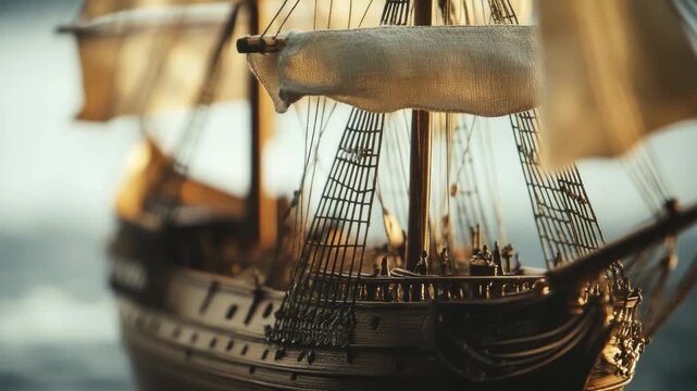 Footage A miniature model of a ship displayed on a wooden or glass tabletop