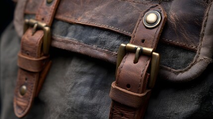 Close up of vintage leather straps and brass buckles on a distressed fabric bag