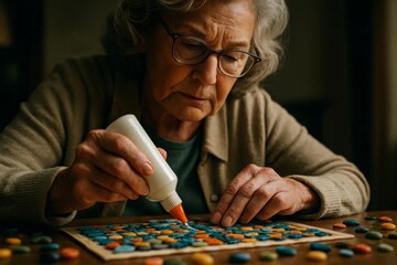 Elderly woman creating colorful mosaic artwork with glue and stones on wooden board, relaxing DIY craft at home.
