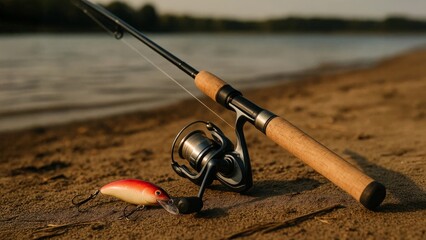 Fishing rod, reel and lure on sandy lakeshore at golden hour, close-up of angling gear with calm water in the background.