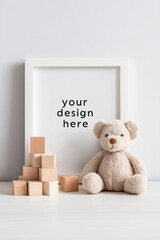 Teddy Bear and Wooden Blocks Mockup with White Frame, &ldquo;Your Design Here&rdquo; Text, Minimal Nursery Illustration Isolated on White Background, Vertical 2:3