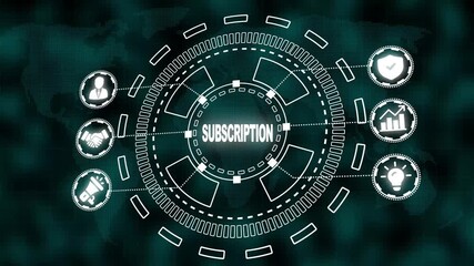 Digital concept of subscription with icons for business growth security and communication on a world map background - Powered by Adobe