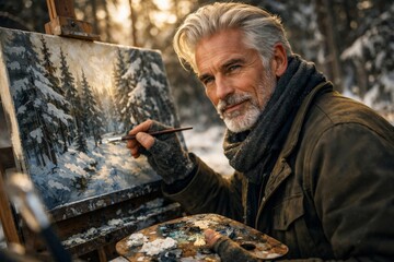 Outdoor artist painting snowy forest landscape on easel, senior man with brush and palette creating winter scene at sunset.