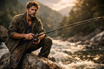 Rugged man fishing in a mountain river at sunset, focused angler holding rod beside rushing water and scenic forested valley.