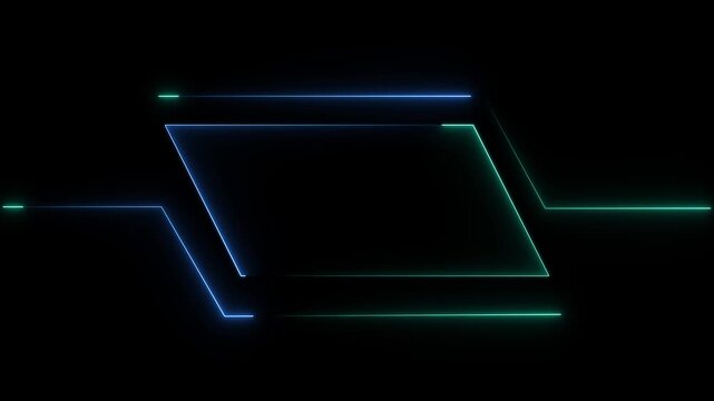 Futuristic neon HUD Head up display interface template with basic geometry line element. Universal Technology Line and frame Video overlay Neon futuristic HUD rectangle frame glowing animation.