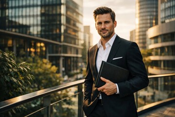 Confident businessman holding leather folder on modern city terrace, professional success and corporate lifestyle.