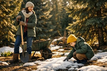 Mother and child doing winter gardening with shovel and wheelbarrow, family outdoor chores in snowy forest sunlight.