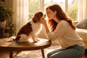 Woman gently touching her dog indoors, sharing calm and affectionate moment.