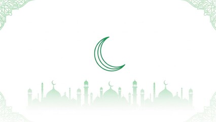 Stylized green crescent moon above a subtle mosque skyline, embodying Islamic spirituality, tradition, and serene cultural events