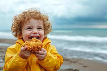 Joyful child enjoying snack on cloudy beach day