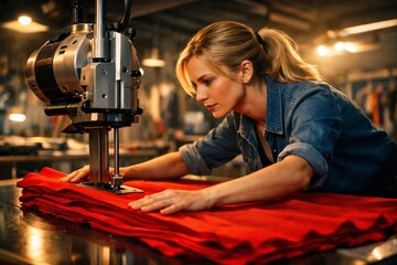 Female worker operating industrial sewing machine on red fabric in workshop, textile manufacturing and craftsmanship.