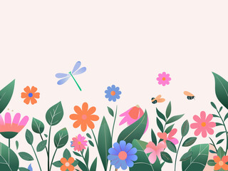 Obraz premium Floral illustration with dragonfly and bee among colorful blossoms and greenery