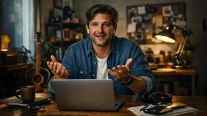 Smiling man on video call using laptop in cozy home office, remote work concept with casual lifestyle.