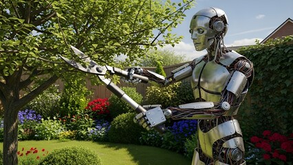 정원에서 일을 하고 있는 휴머노이드