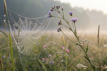 Glistening dew drops clinging to delicate spiderweb in misty morning field with wildflowers