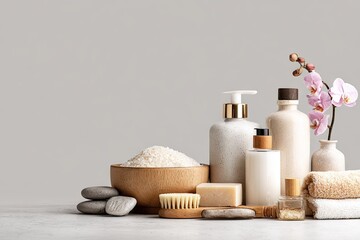 Spa day essentials skincare products and decorative elements on gray backdrop