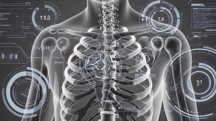 Ultra-realistic skeletal system visualization showing a semi-transparent human body with softly glowing bones, enhanced by futuristic medical interface elements, clean minimal background, and cinemati - Powered by Adobe