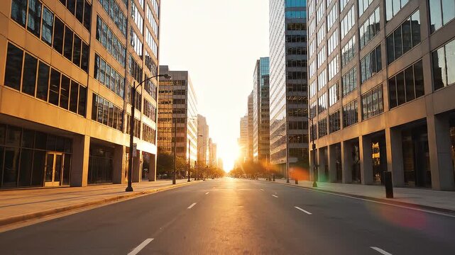 Ultra-realistic premium 4K UHD video of a modern downtown office street at golden hour sunset, featuring an empty wide road between glass office buildings, warm sunlight reflections, cinematic lightin
