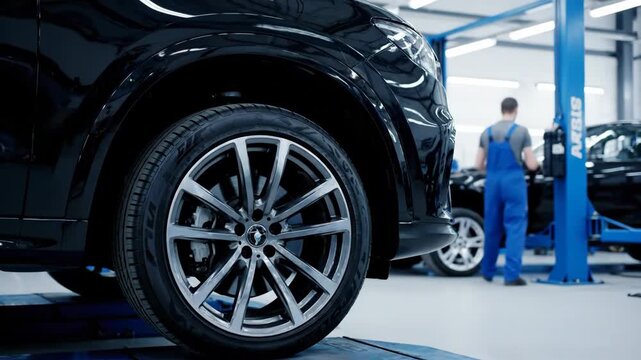Close up of a shiny black SUV tire on a hydraulic lift in a brightly lit auto repair shop. A mechanic wearing blue overalls is visible in the background.