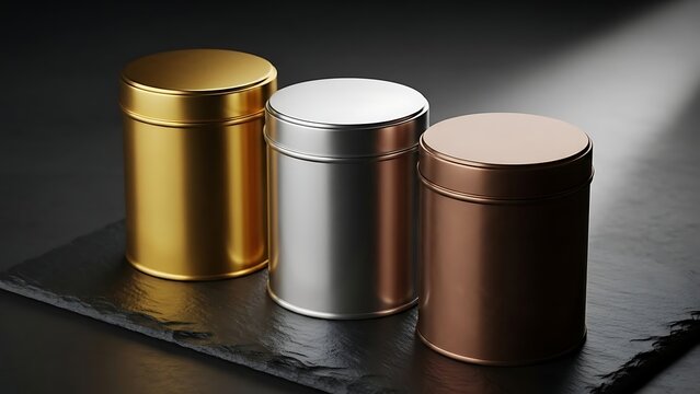 Set of three metallic tea tin mockups displayed on a dark surface with dramatic lighting