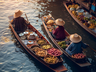Obraz premium Floating market sunrise boat vendor fruit vegetable river water hat basket Serene sunrise over floating market with wooden boat vendor arranging