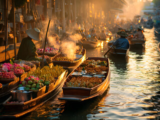 Obraz premium Floating market sunrise boat canal vendor fruit vegetable Thailand Asian travel tourism morning mist steam golden light reflection waterway