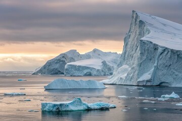 Majestic icebergs adrift in a serene polar sea under a dramatic sky