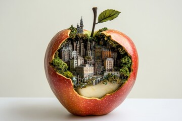 Surreal cityscape inside apple with towering buildings and lush trees