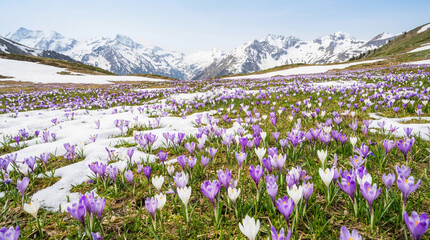 Vibrant purple and white crocuses bloom in a snowy alpine meadow with majestic mountains