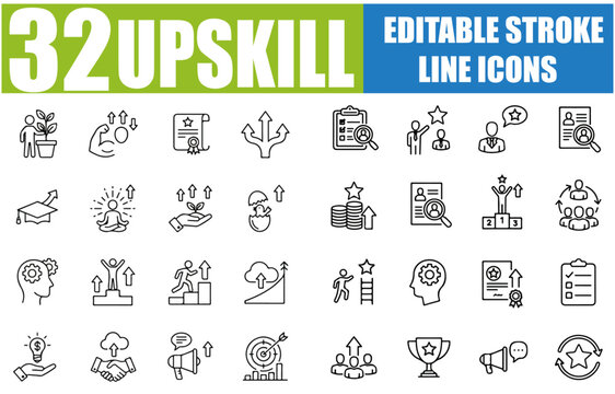 Set of Line Icons Related to Upskill, Upskilling, Personal Growth, Development, Education and Career - Outline Icon Collection with Editable Stroke Vector Illustration - SEO Optimized and Top Ranked o