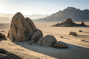 Sun-drenched granite rock formations rise majestically in a stark desert landscape with distant mountains under a clear sky.