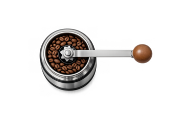 Classic manual coffee grinder with wooden handle and fresh coffee beans for kitchen decor