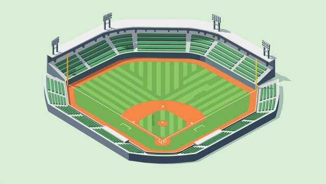 Overhead view of a green baseball field with orange markings and seating in a stadium with a light green background.