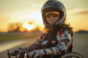 Female racer in wheelchair at sunset track