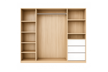 Minimalist wooden closet design with shelves and drawers for modern interior spaces