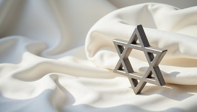 metal star of David symbol placed on soft white fabric background, representing faith, spirituality, and cultural heritage