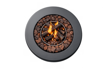 Modern fire pit with lava rocks on gray background - ideal for outdoor decor and heating